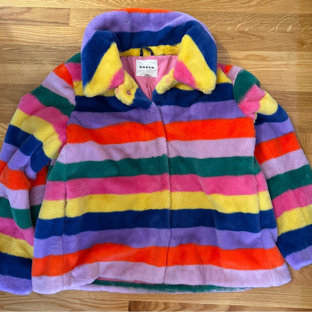 Boden Women's Rainbow Stripe Stripe Faux-Fur Coat US Sz 16-18